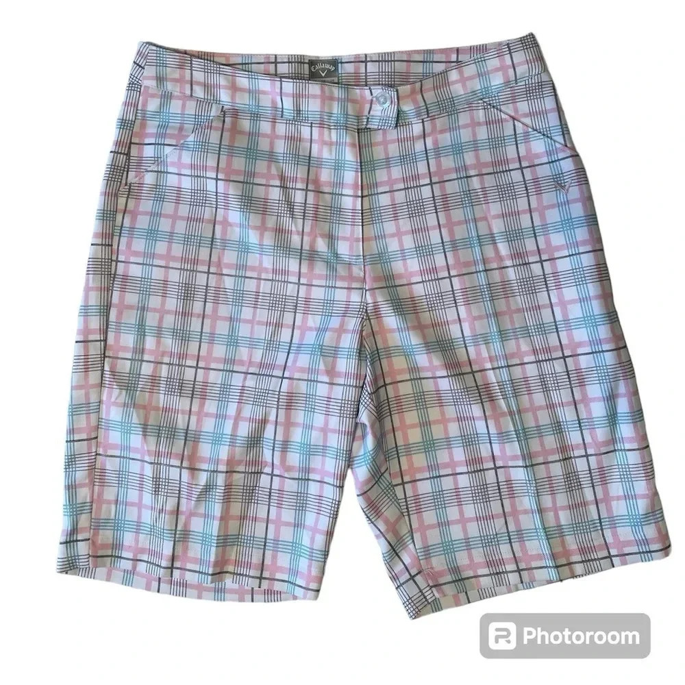 Callaway Opti Dri Women’s Golf Shorts Pink Blue White Plaid Size 6 Polyester
